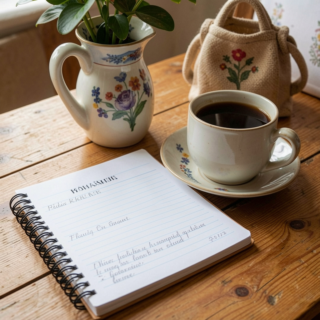 Päiväkirja ja kahvikuppi aamupöydällä