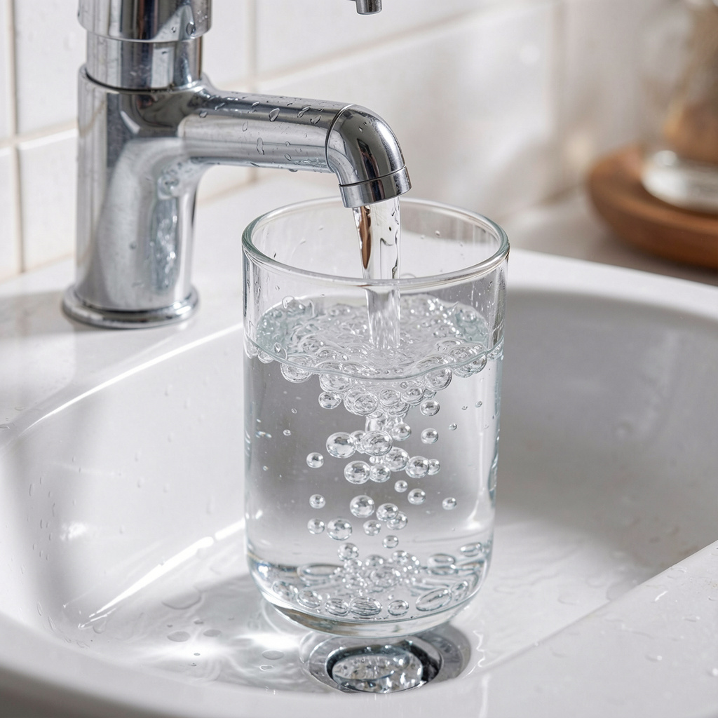 Kirkas vesi virtaa hanasta lasiin