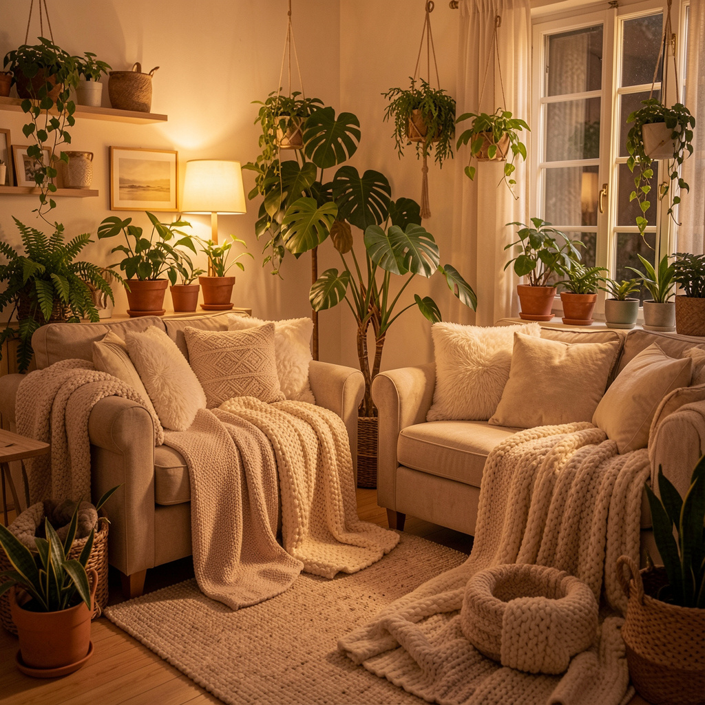 Viihtyisä olohuone pehmeillä tekstiileillä ja kasveilla