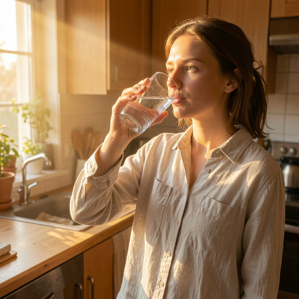 Henkilö juomassa kirkasta vettä lasista aamulla keittiössä