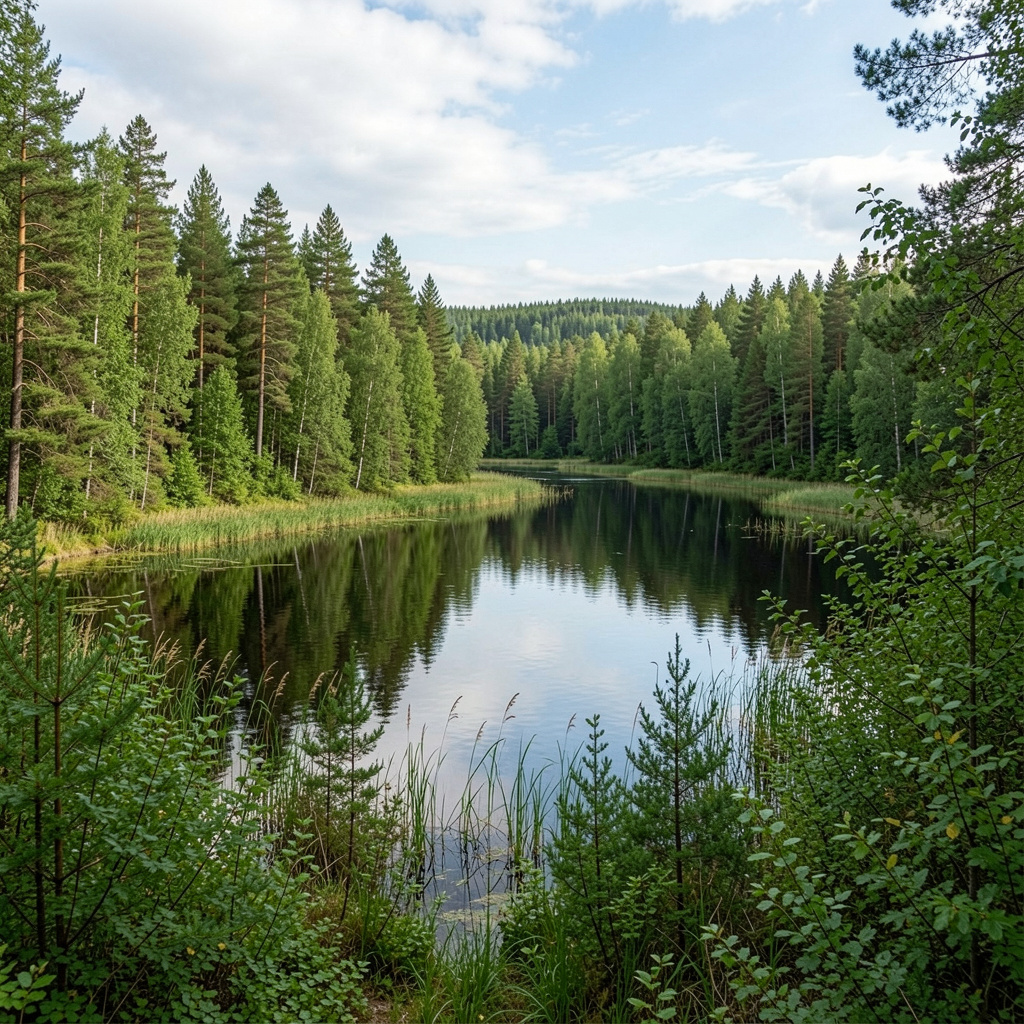 Rauhallinen järvimaisema metsän ympäröimänä