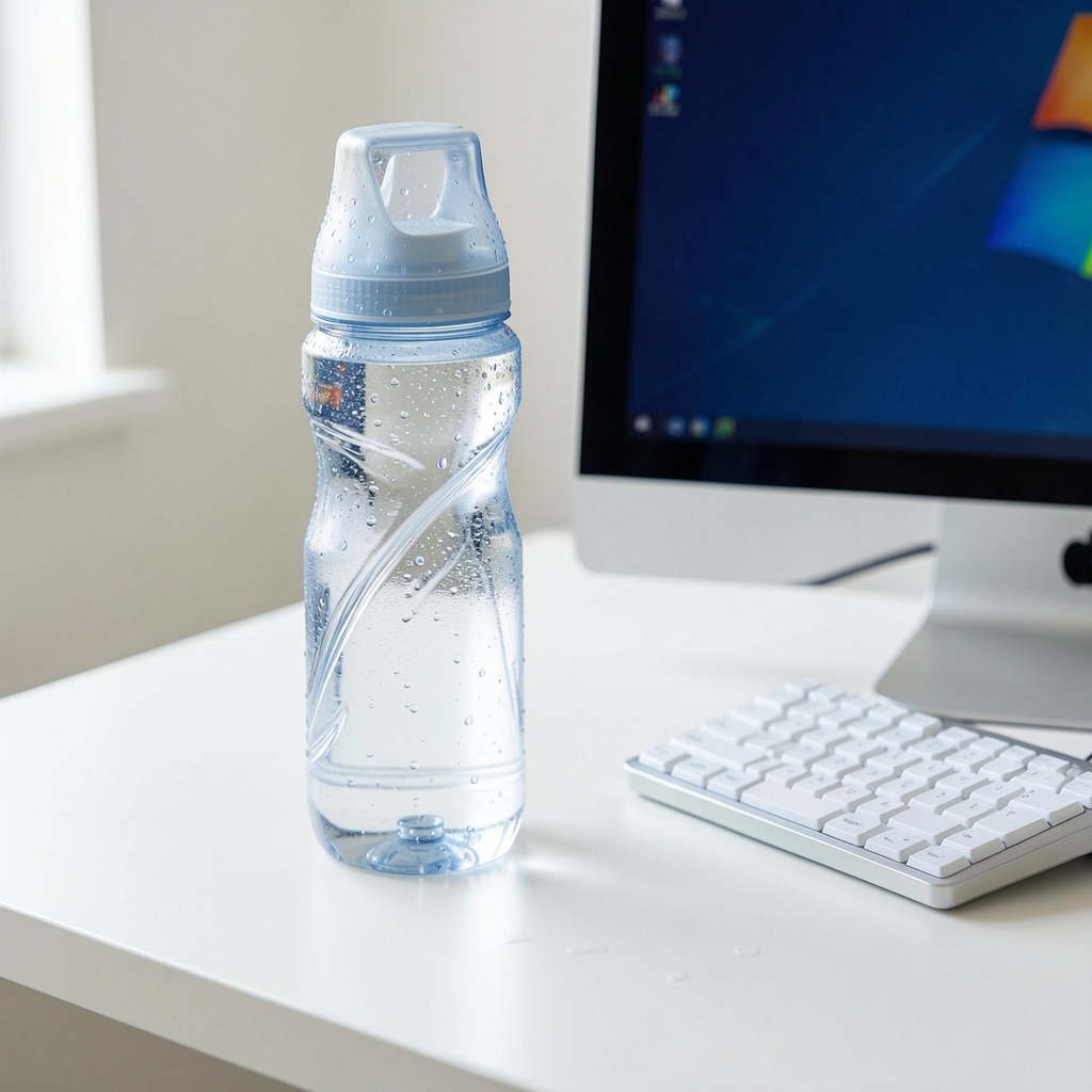 Vesipullo työpöydällä tietokoneen vieressä