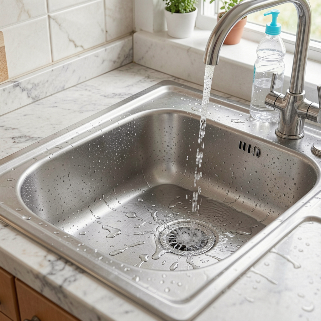 Kirkas vesilasi täyttyyä hanasta keittiössä